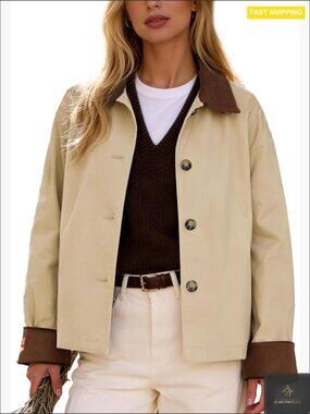 Cropped Trench Coat Casual Jacket Button Down Loose Fit Spring Fall Chic